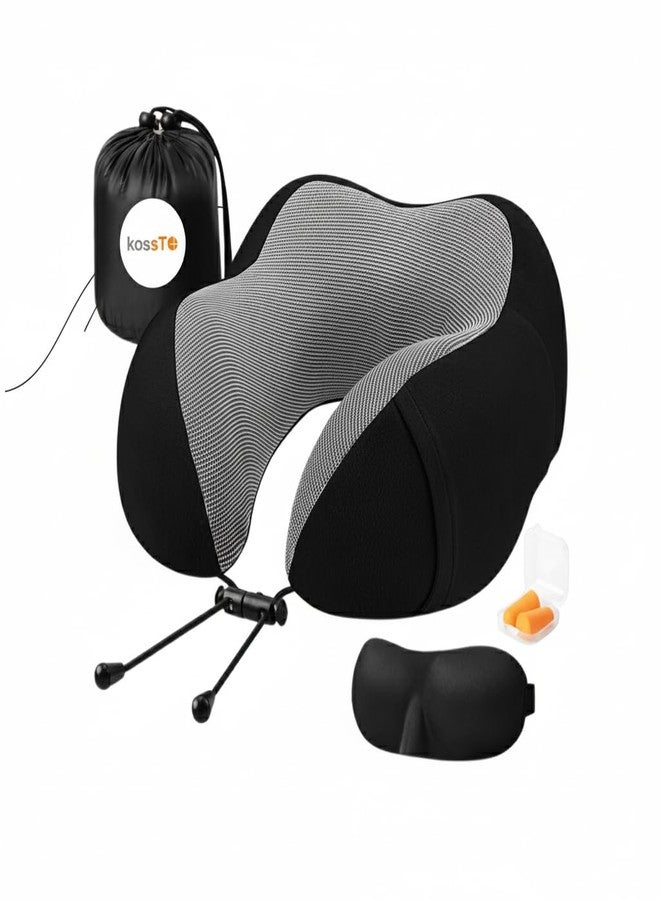 kossto Memory Foam Travel Pillow for Neck Pain Relief, Includes Eye Mask & Noise Isolating Ear Plugs, Portable Combo for Men & Women, Ideal for Long Flights & Road Trips | Velvet Black - Image 1